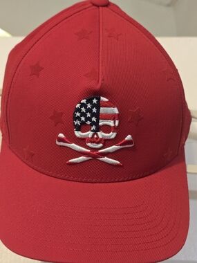 Red Skull & Crossbones Baseball Cap with American Flag Embroidery